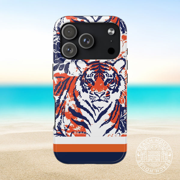 Auburn Tough Case for iPhone 17 Pro with tiger design on a beach background