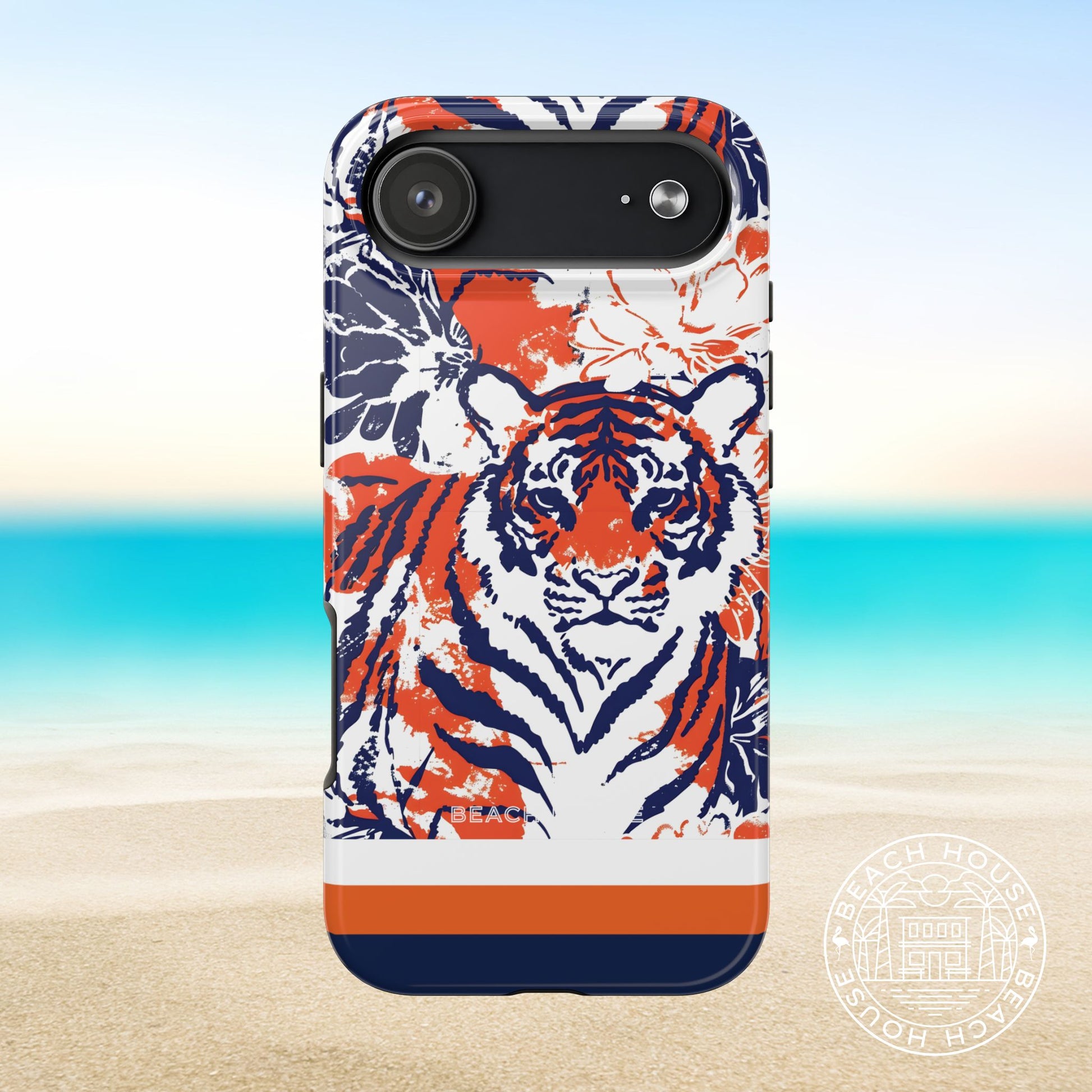 Auburn Tough Case for iPhone 17 Air with Beach House tropical design on a beach background