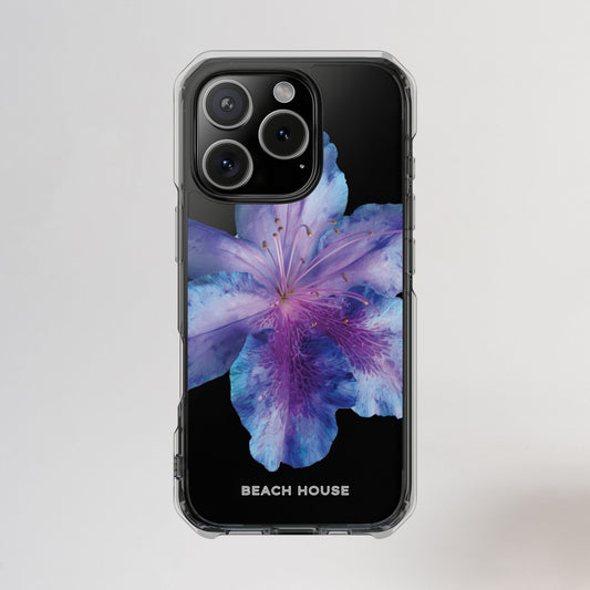 Phone case with a purple flower design on a light gray background