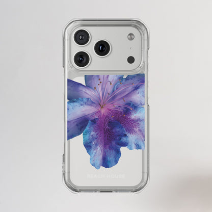 Phone case with a blue and pink floral design on a white background