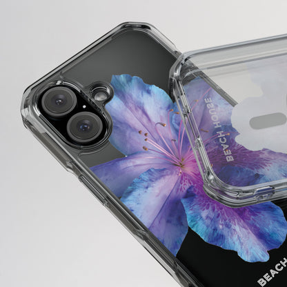 Phone case with a purple flower design on a clear background