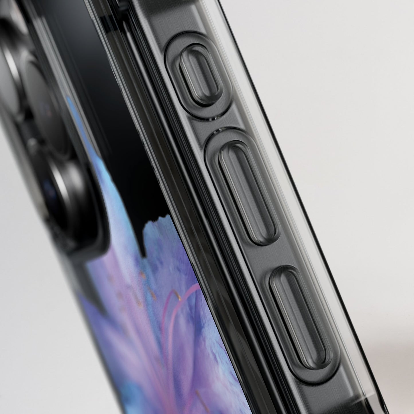 Close-up of a phone case with a clear design on a light gray background