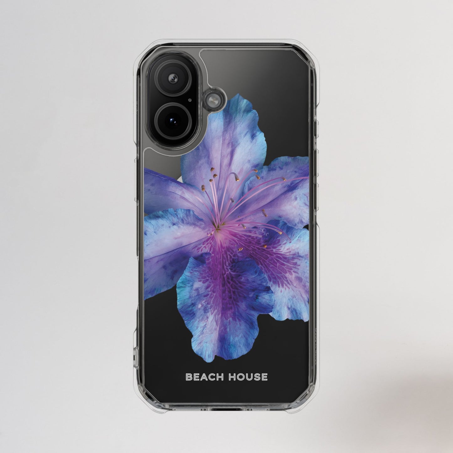 Phone case with a purple flower design on a light gray background