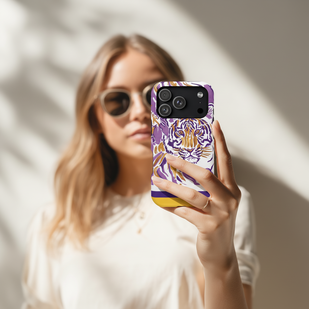 Person holding a phone with a colorful tiger design Baton Rouge Tough Case for iPhone against a neutral background