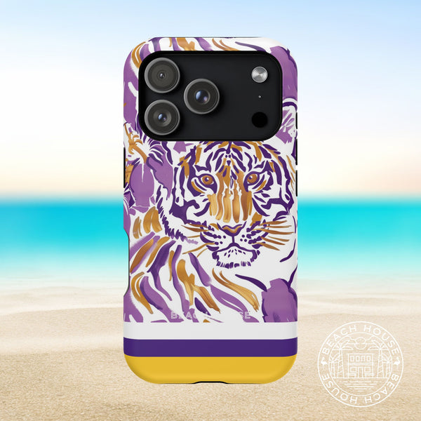 Baton Rouge MagSafe Tough Case for iPhone 17 Pro with tiger design on a beach background