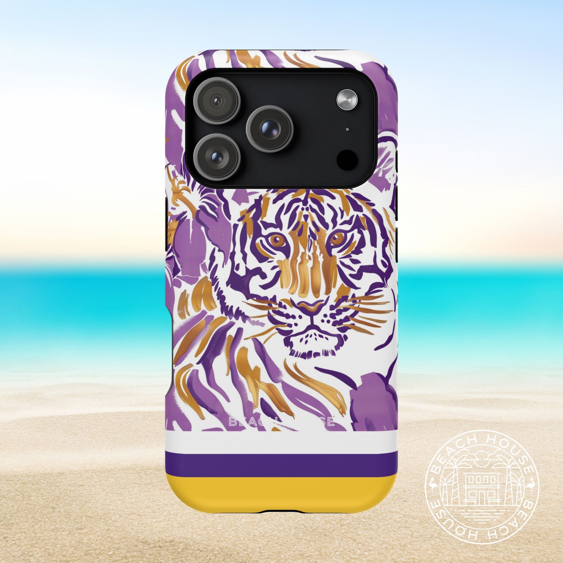 Baton Rouge MagSafe Tough Case for iPhone 17 Pro with tiger design on a beach background