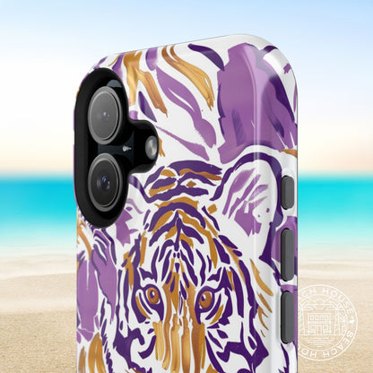 Baton Rouge MagSafe Tough Case for iPhone with a tiger design in purple and gold on a beach background