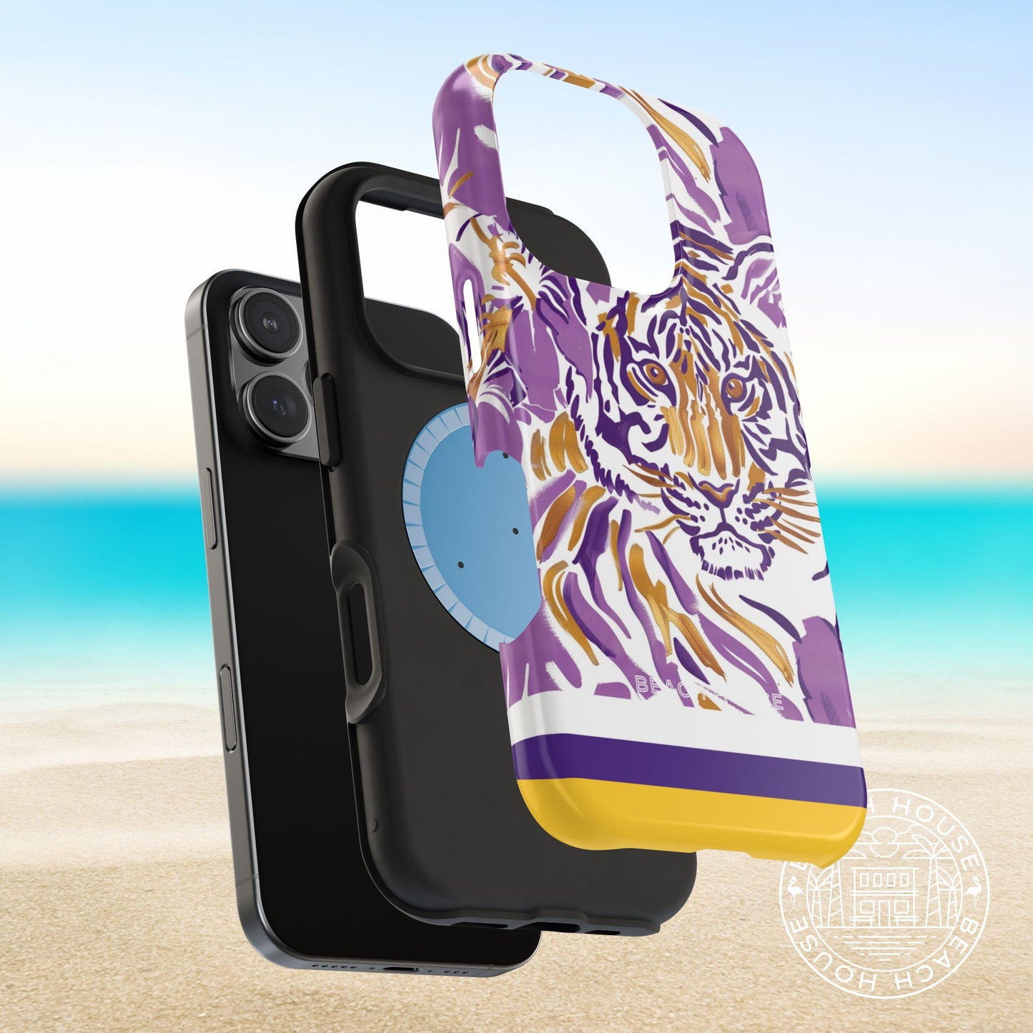 Layers of the Baton Rouge MagSafe Tough Case for iPhone with floral tiger design on a beach background