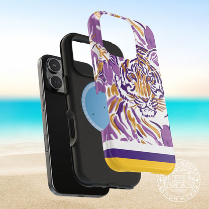 Layers of the Baton Rouge MagSafe Tough Case for iPhone with floral tiger design on a beach background
