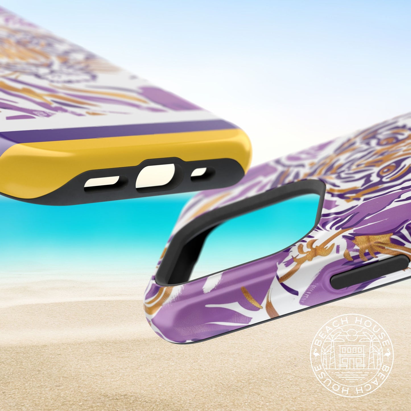 Top and bottom of the Baton Rouge MagSafe Tough Case for iPhone with purple and yellow design on a beach background