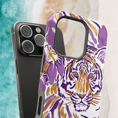 Baton Rouge Phone case with a purple and gold tiger design on a beach background