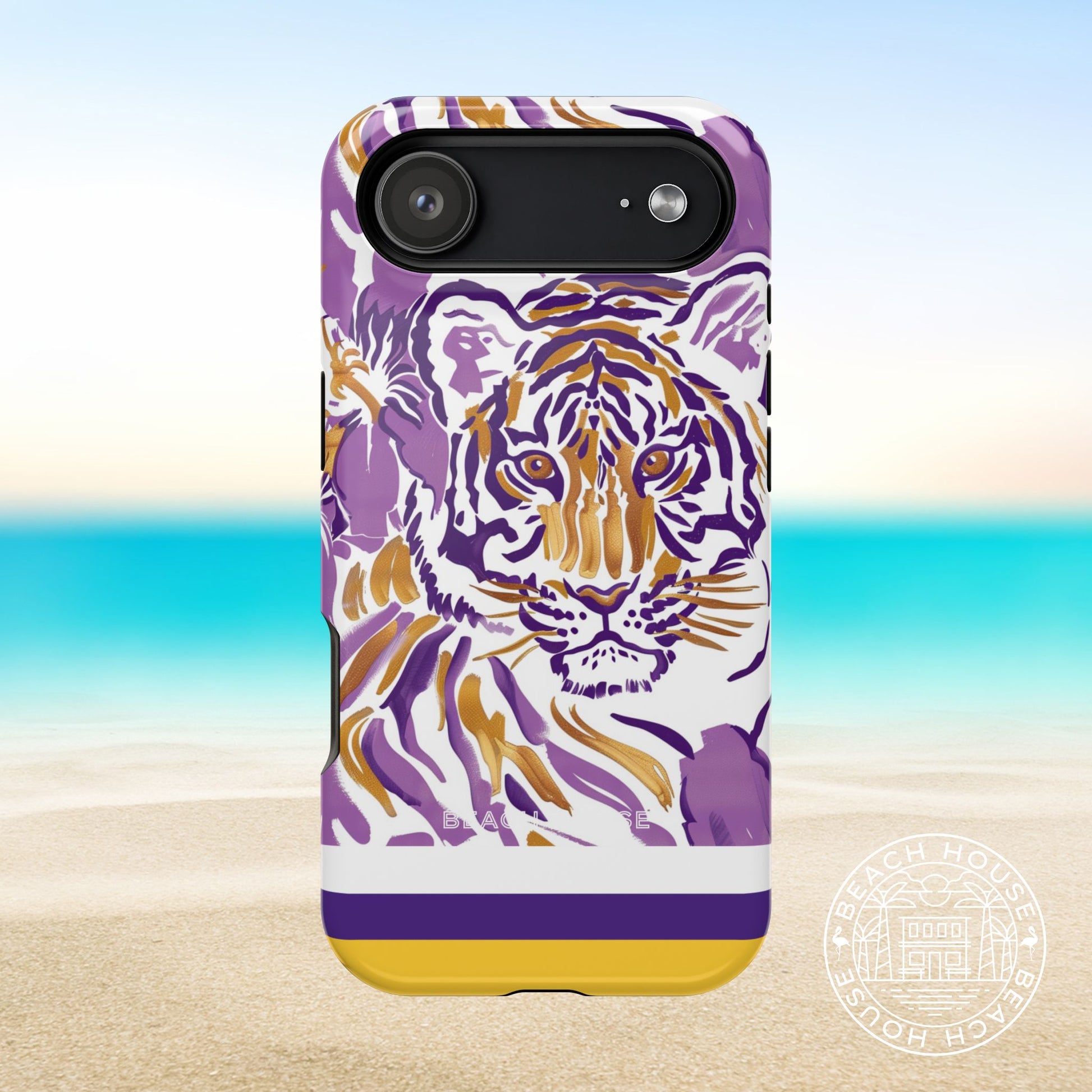 Baton Rouge MagSafe Tough Case for iPhone 17 Air with a tiger design on a beach background