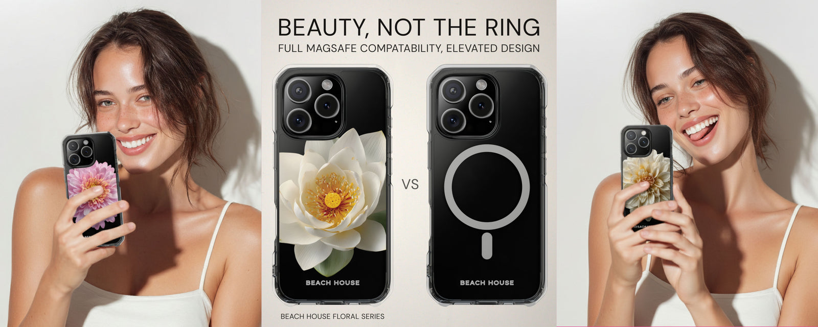  Woman holding a phone with a flower case, featuring 'Beauty, Not the Ring' text and product comparison.