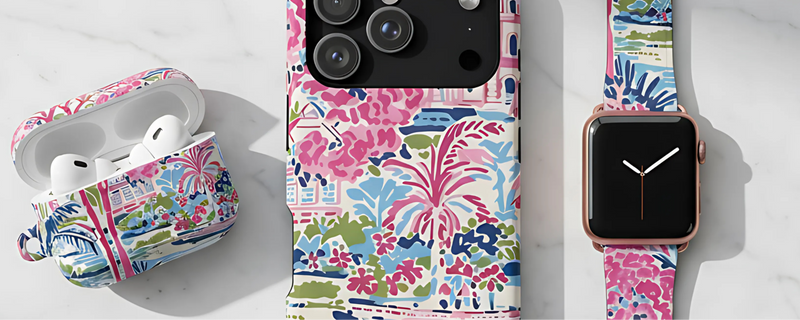  Amelia Phone case, airpods case, and watch band with floral pattern on a white background