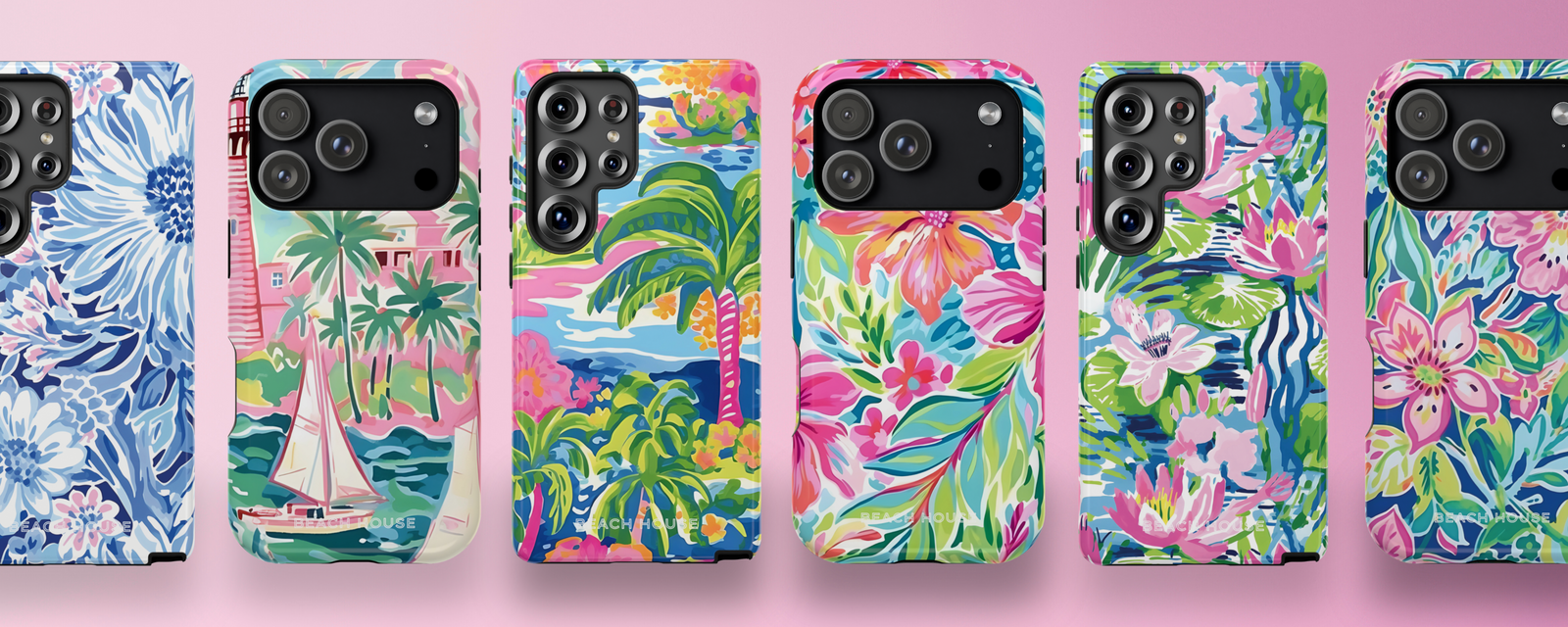  Collection of Beach House phone cases with floral and tropical designs for iPhone and Galaxy on a pink background