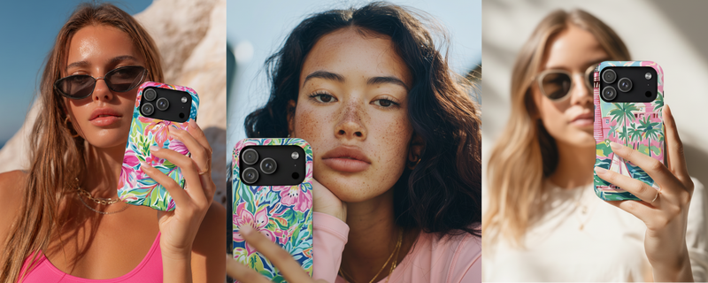  Three women holding Beach House phone cases for iPhone 17 with tropical, vibrant designs.
