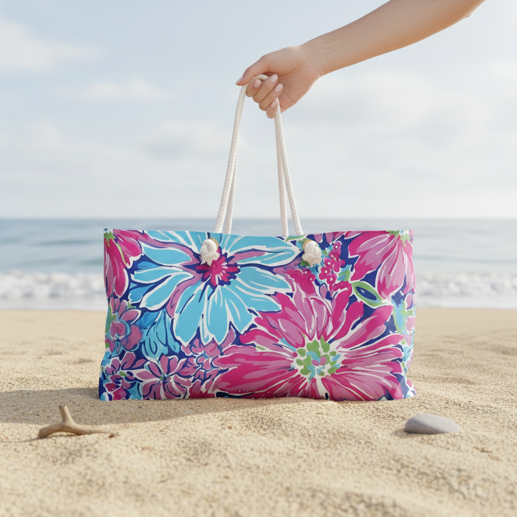 Bimini Weekender Tote Bag on the sand with ocean in the .background