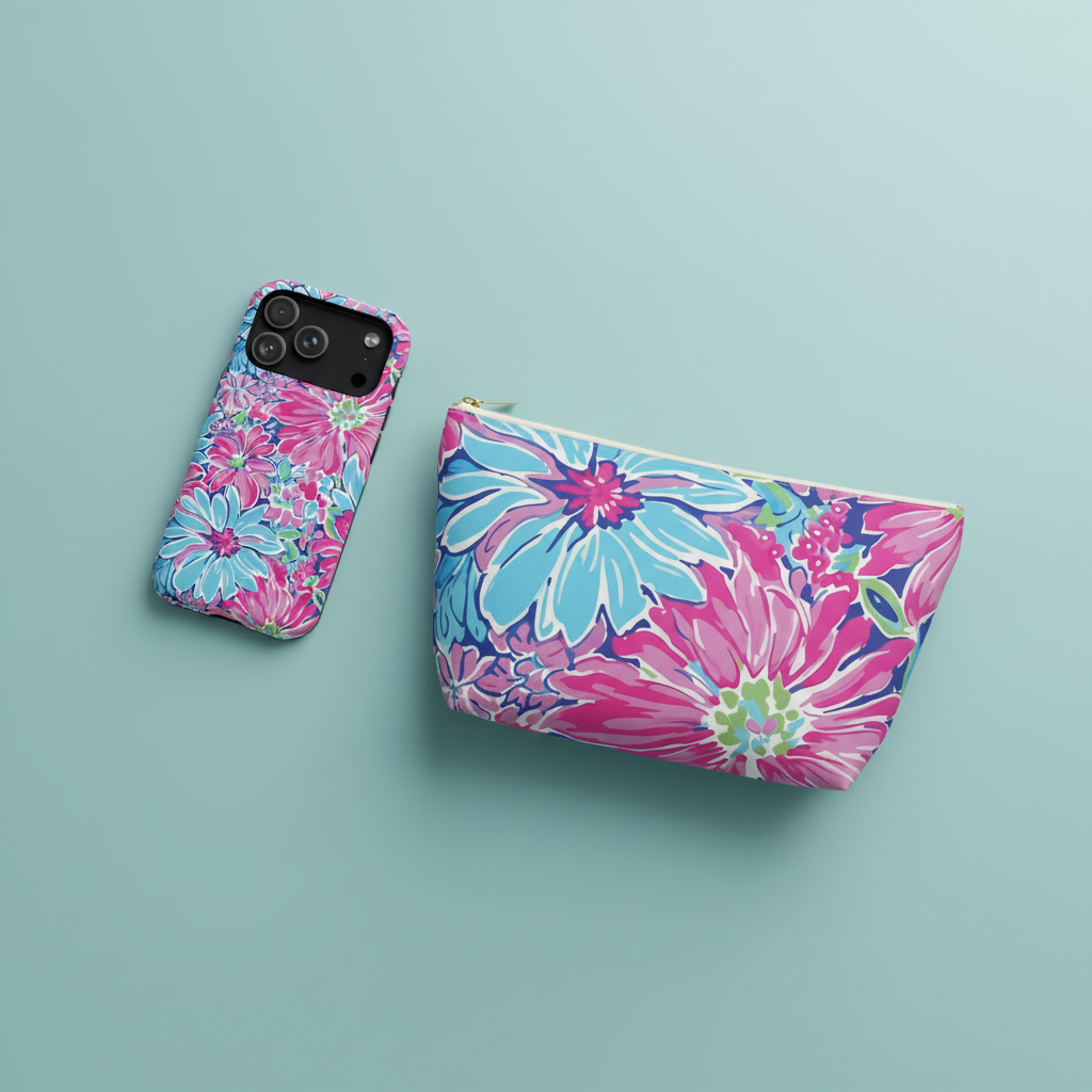Bimini MagSafe Tough Floral phone case and accessory pouch on a light blue background