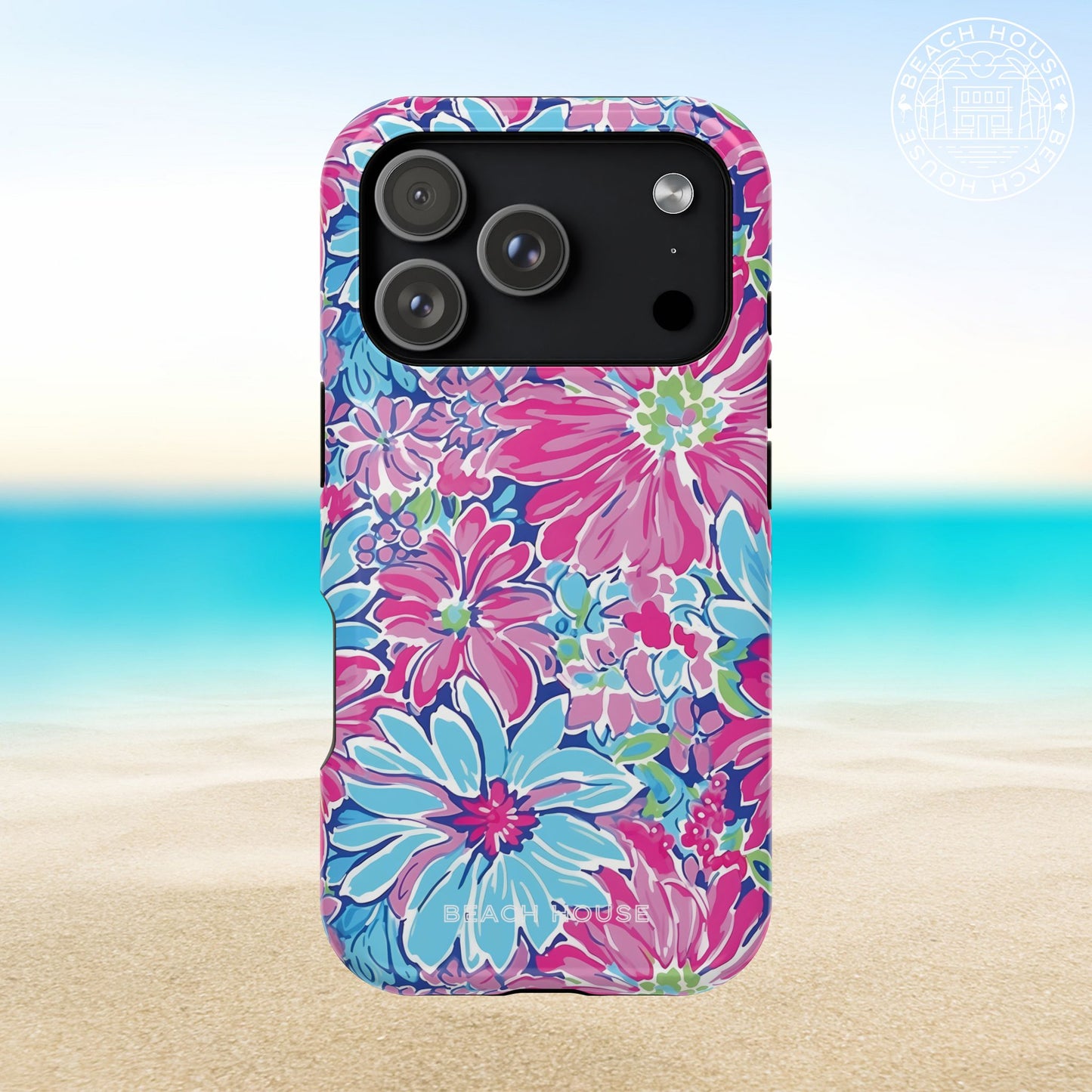 Bimini MagSafe Tough Case for iPhone 17 Pro with a beach background