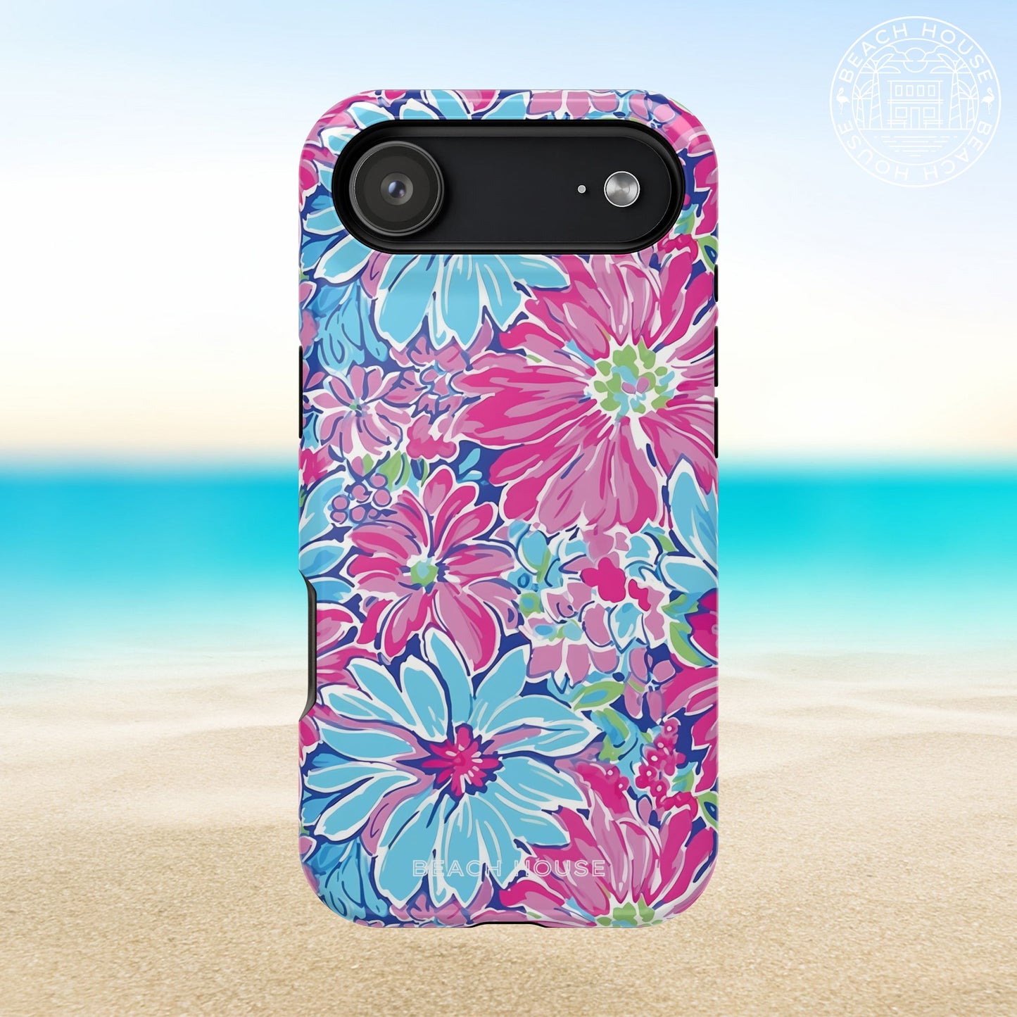 Bimini MagSafe Tough Case for iPhone 17 Air with pink and blue flowers on a beach background