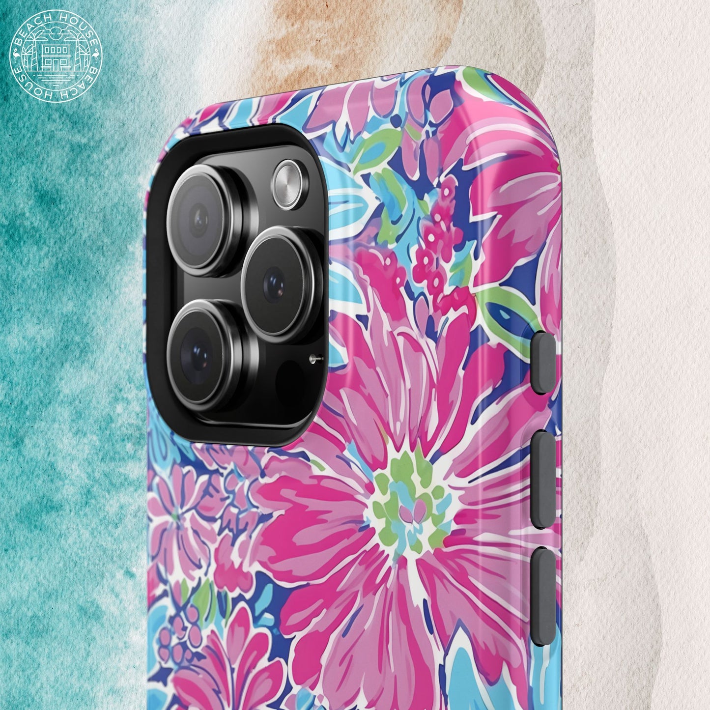 Close up design detail of the Bimini phone case on a textured surface