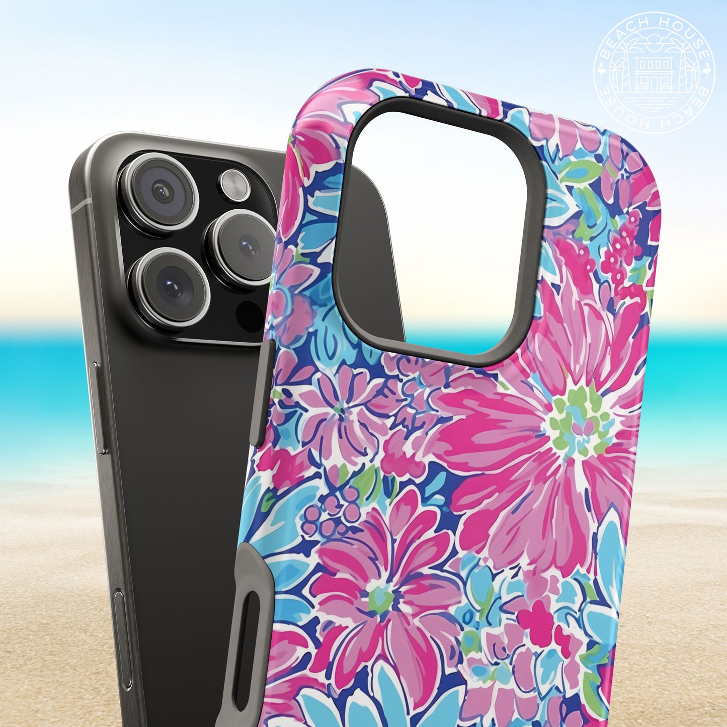 Bimini MagSafe Tough Case for iPhone next to a phone, with a beach background