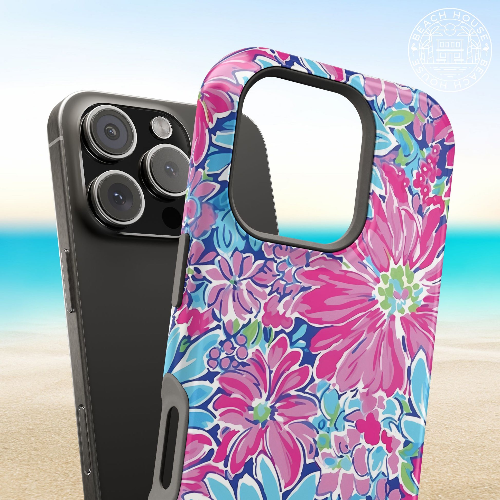 Bimini MagSafe Tough Case for iPhone next to a phone, with a beach background