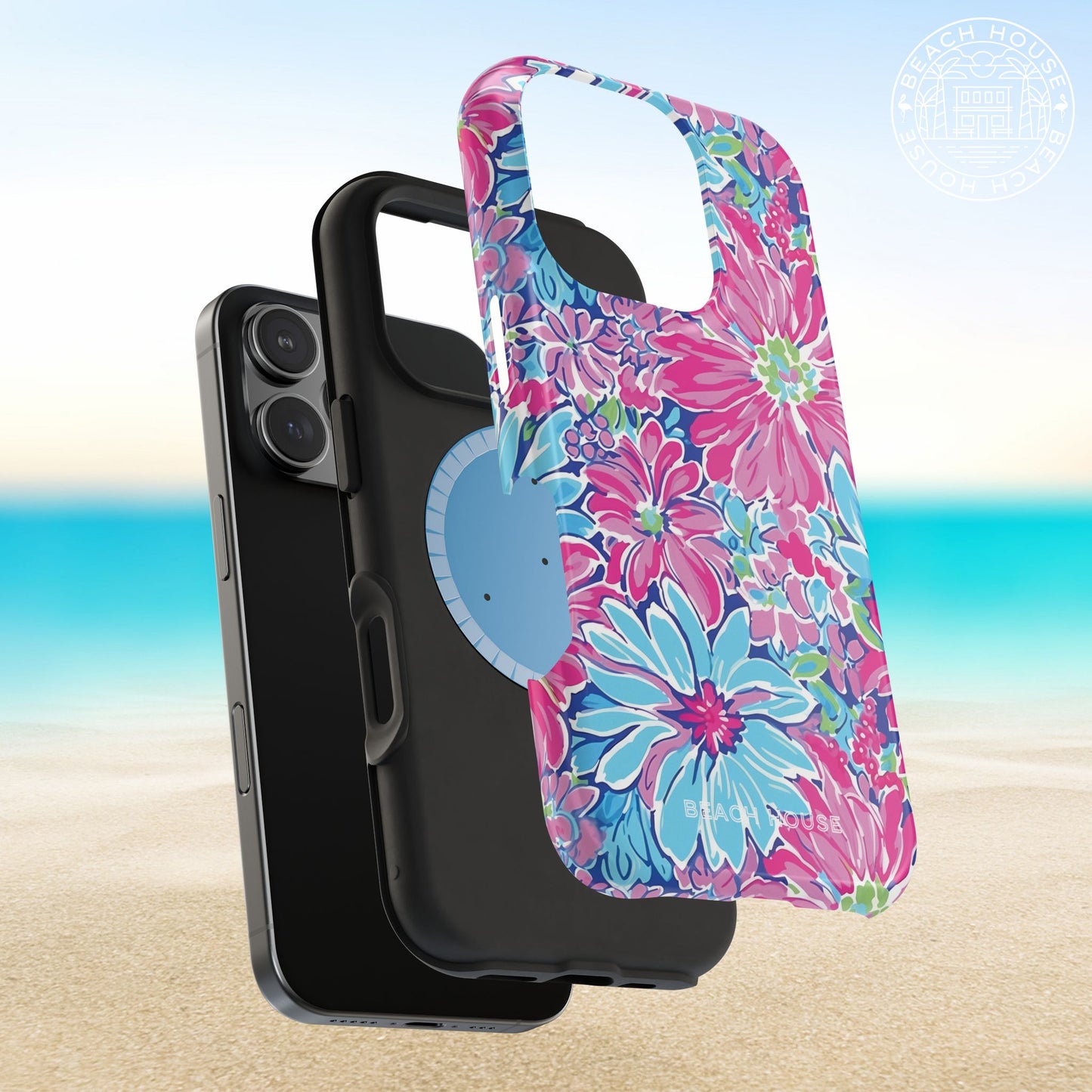 Protective and magnetic layers of the Bimini MagSafe Tough Case for iPhone on a beach background