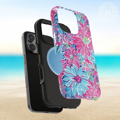 Protective and magnetic layers of the Bimini MagSafe Tough Case for iPhone on a beach background