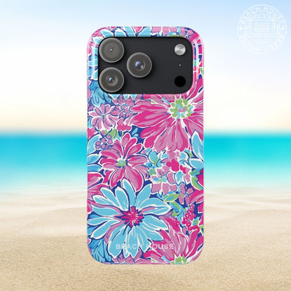 Bimini Slim Case for iPhone 17 Pro with floral design on a beach background