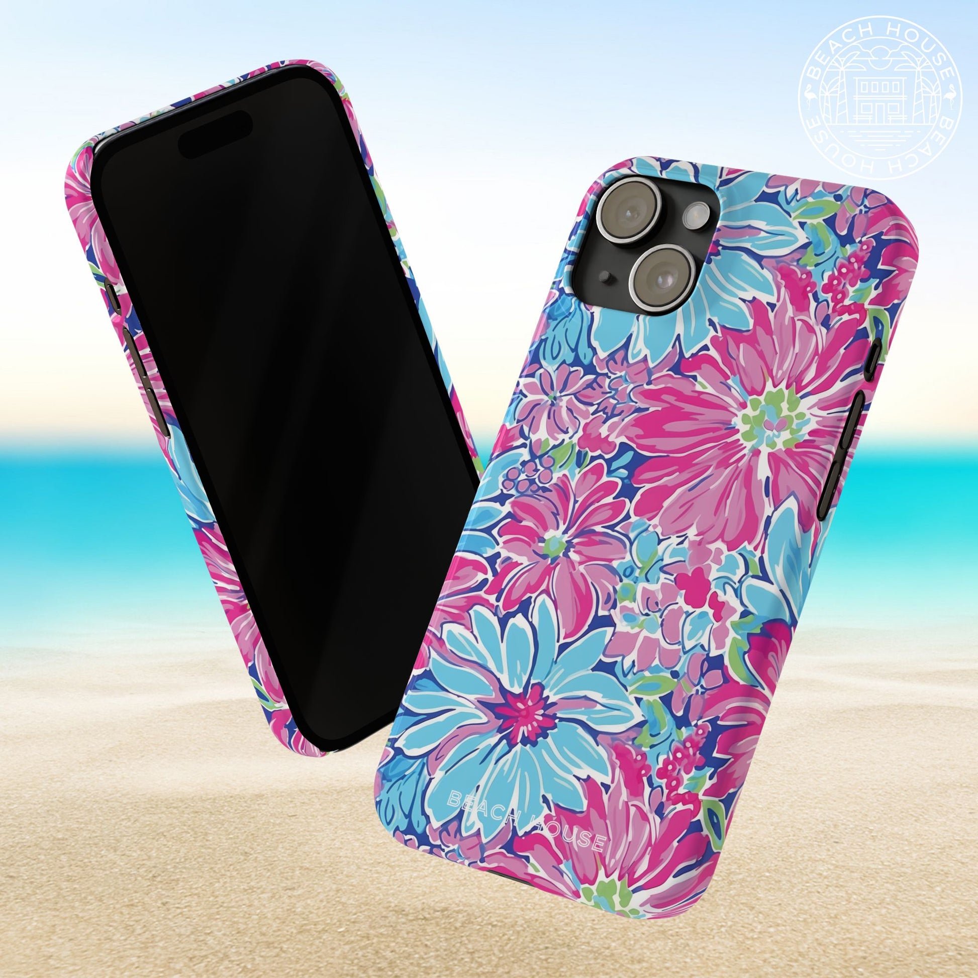 Front and back view of the Bimini Slim Case for iPhone on a beach background
