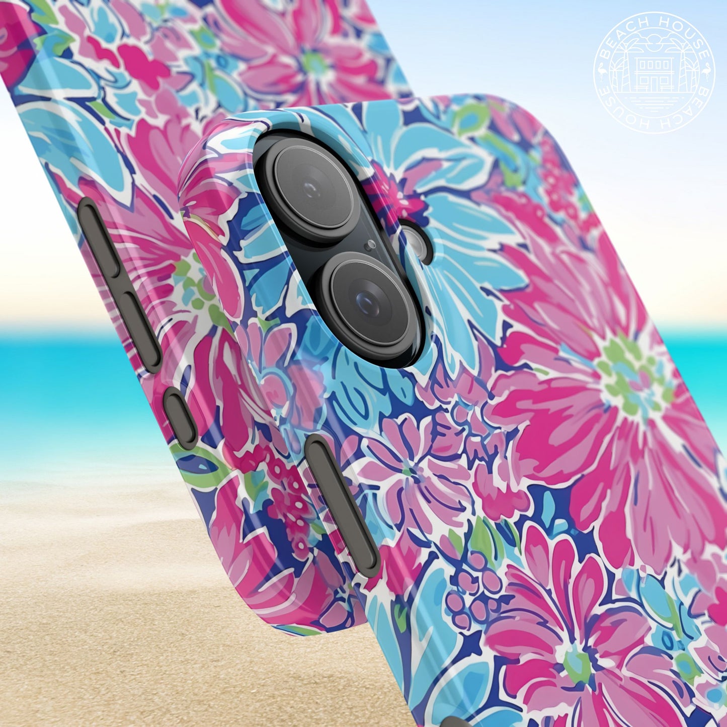 Floral Bimini Slim Case for iPhone with pink and blue flowers on a beach background