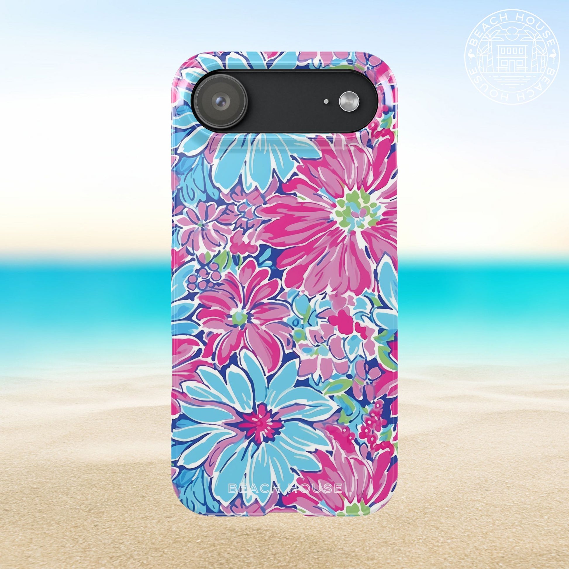 Floral Bimini Slim Case for iPhone 17 Air with pink and blue flowers on a beach background