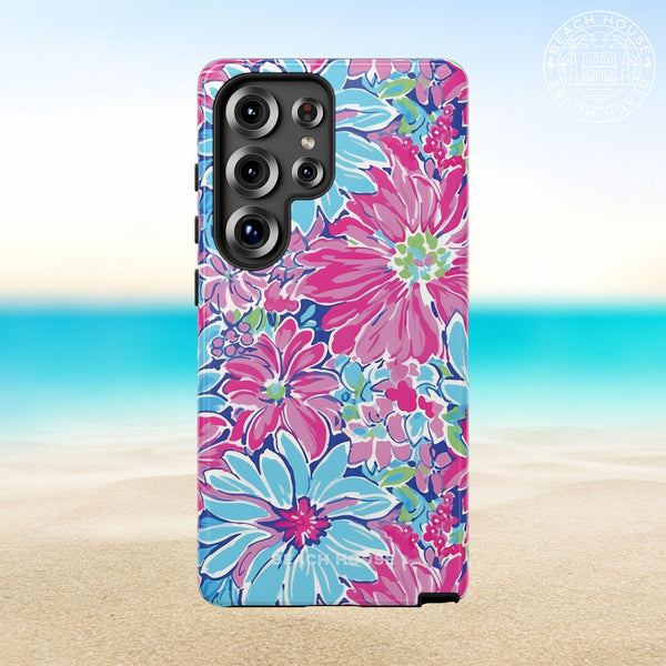 Bimini Tough Case for Galaxy with pink and blue floral design on a beach background