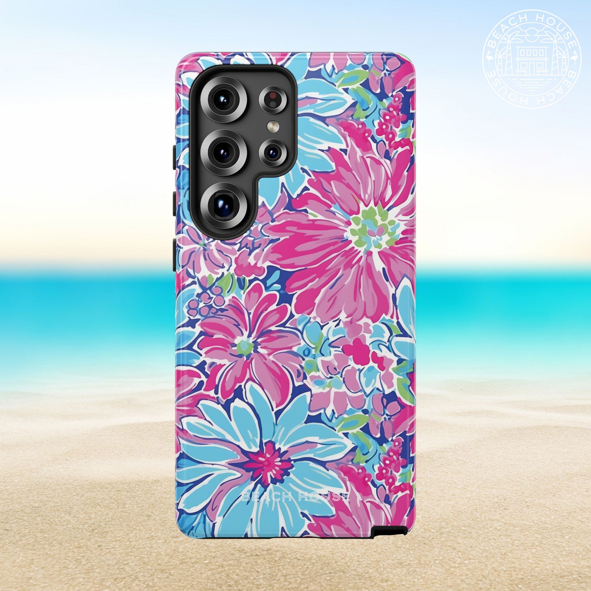 Bimini Tough Case for Galaxy with pink and blue floral design on a beach background
