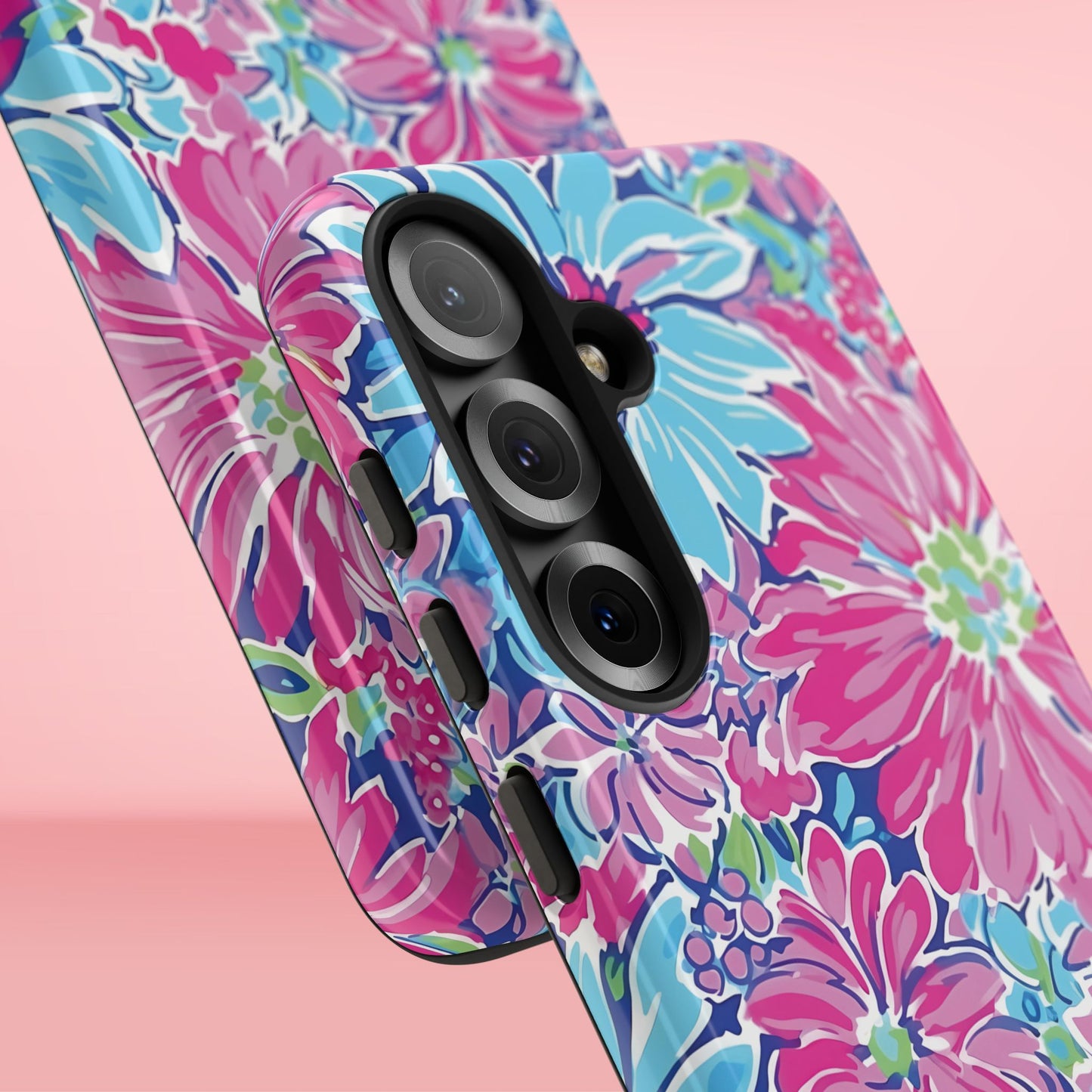 Floral Bimini Tough Case for Galaxy with pink and blue colors on a pink background