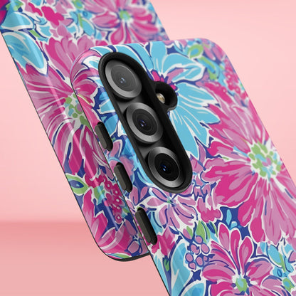 Floral Bimini Tough Case for Galaxy with pink and blue colors on a pink background