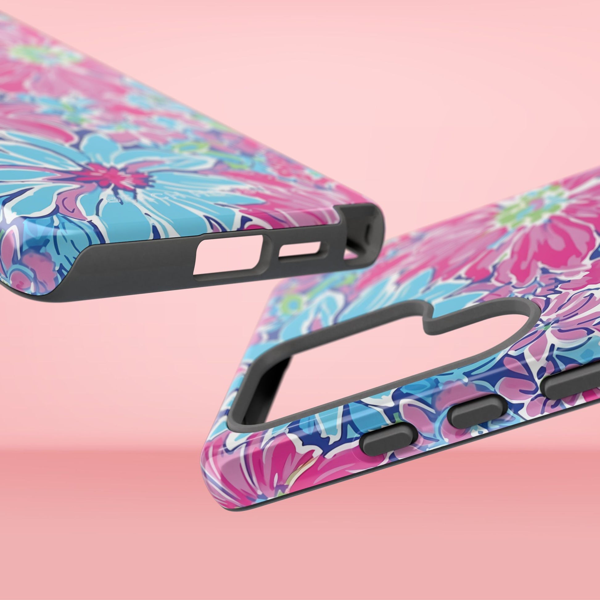 Top and bottom views of the Bimini Tough Case for Galaxy on a pink background