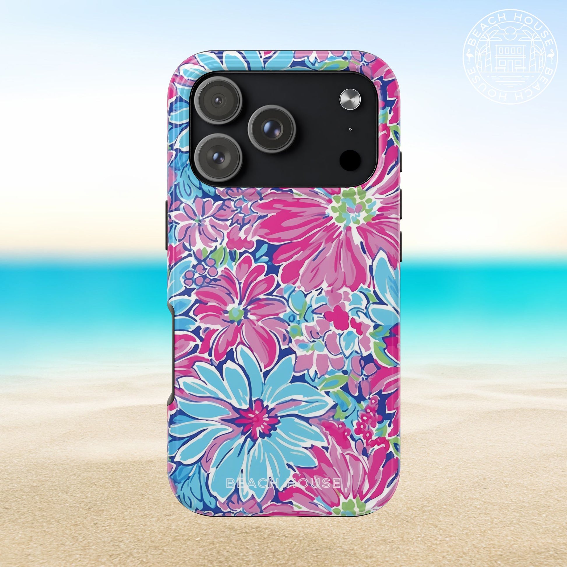 Bimini Tough Case for iPhone 17 Pro with pink and blue flowers on a beach background