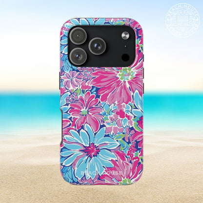Bimini Tough Case for iPhone 17 Pro with pink and blue flowers on a beach background