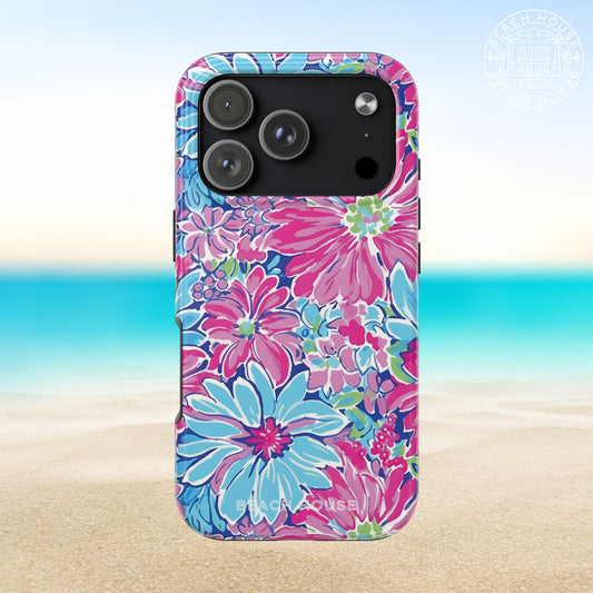 Bimini Tough Case for iPhone 17 Pro with pink and blue flowers on a beach background