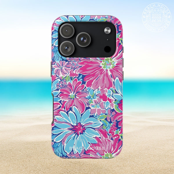 Bimini Tough Case for iPhone 17 Pro with pink and blue flowers on a beach background