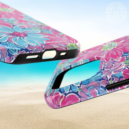 Top and bottom views of the floral Bminin phone case on a sandy background