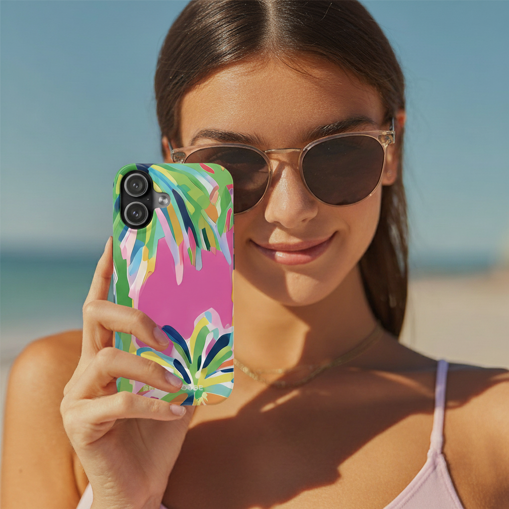 Woman holding a phone with a colorful case on a beach