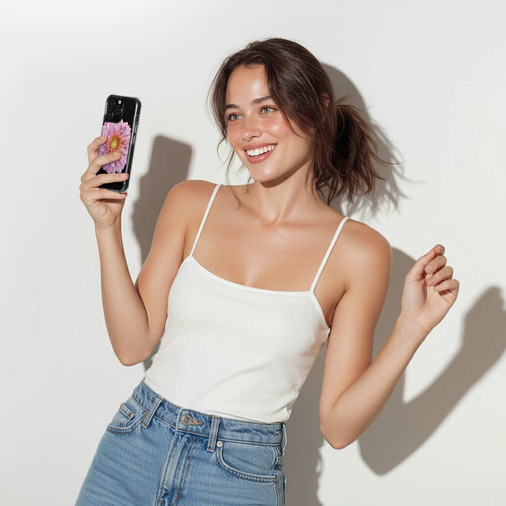 Woman holding a phone with a floral case against a white background