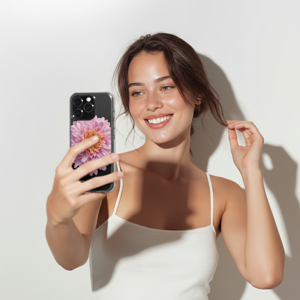Woman taking a selfie with a phone displaying a pink flower on a white background