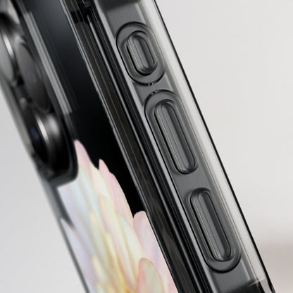 Close-up of a smartphone with a black case on a light gray background