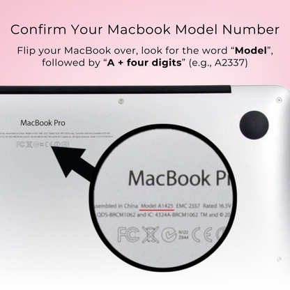 Instructions for buyer how to confirm their Macbook model number, on a pink background.