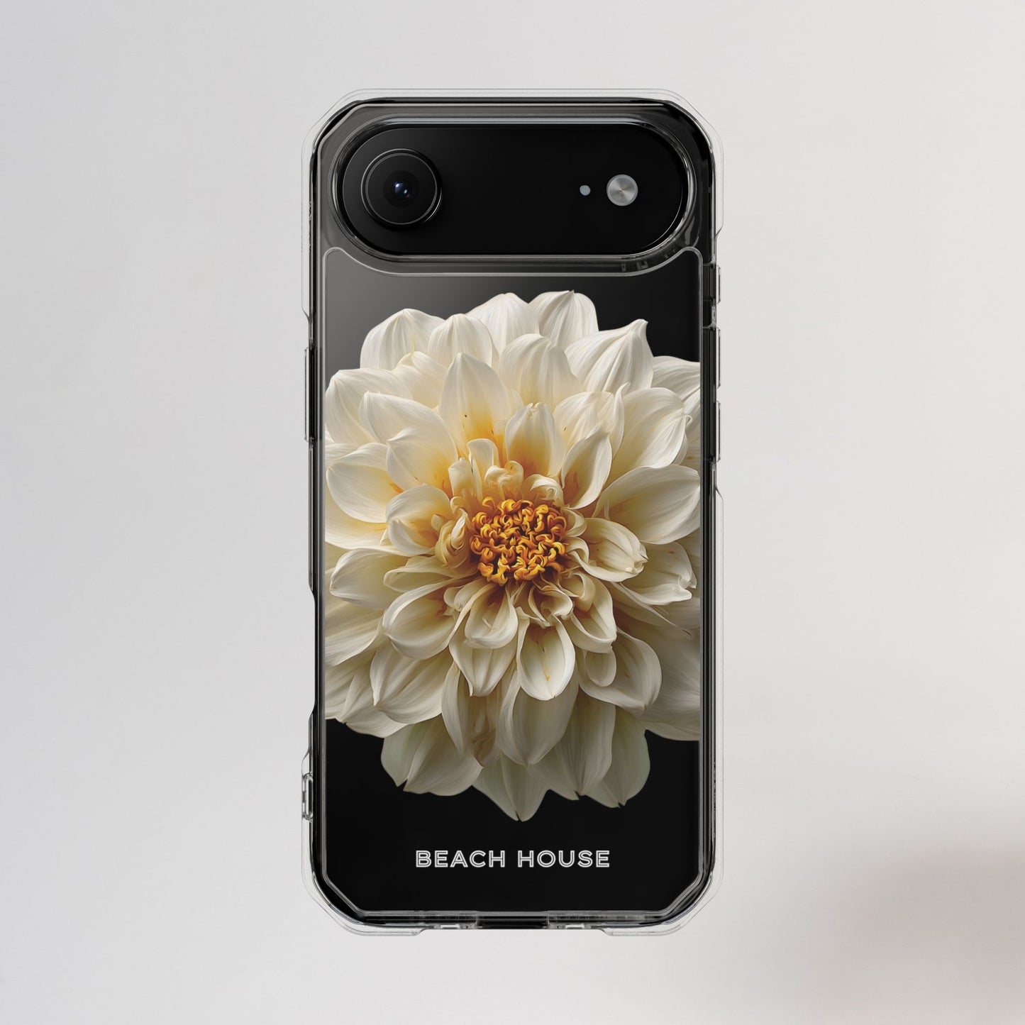 Phone case with a large white flower design on a light gray background
