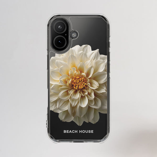 Phone case with a white flower design and 'Beach House' text on a light gray background